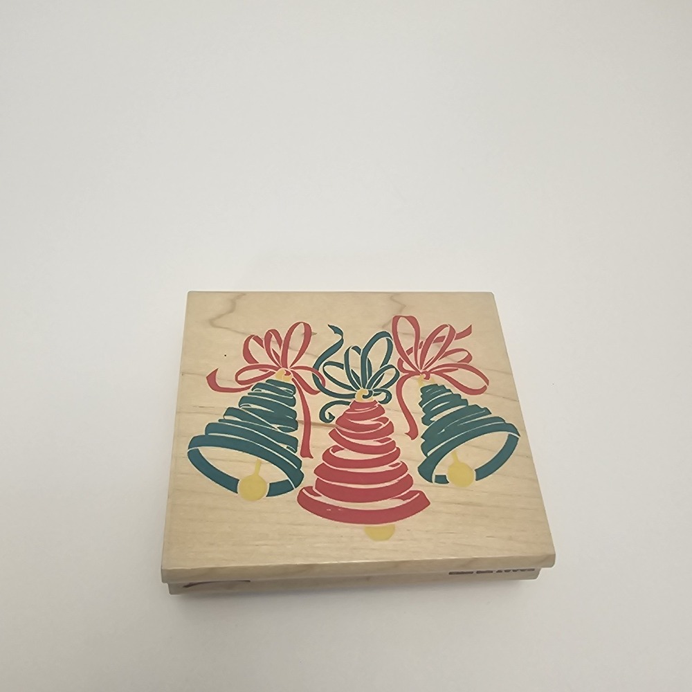 Christmas Ribbon Bells Rubber‎ Stamp Wood Mounted - Picture 2 of 6